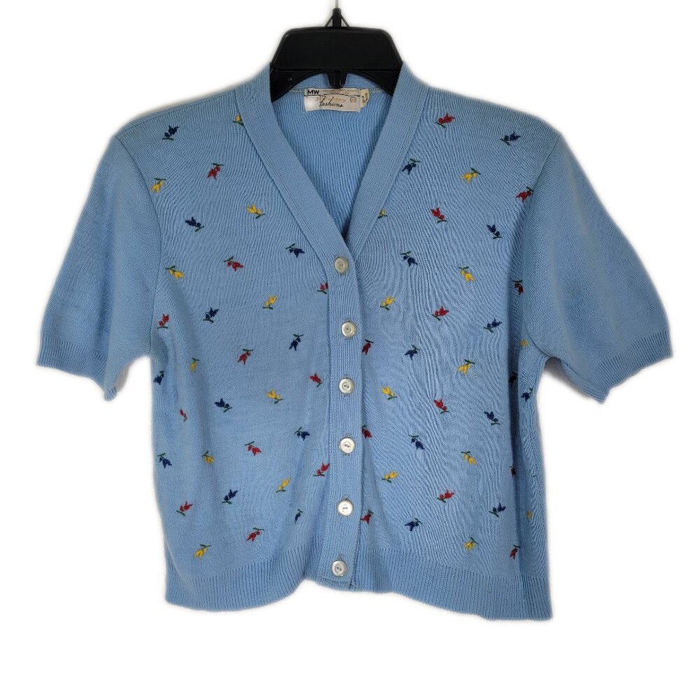 Vintage sweater short-sleeve button front cardigan with embroidery, blue medium